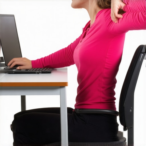 Ergonomic stretches for spinal health Person stretching at desk to promote spinal health and posture