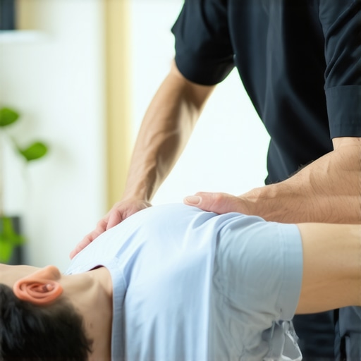 Spinal Adjustment in Chiropractic Clinic Chiropractor performing spinal adjustment on patient in clinic.