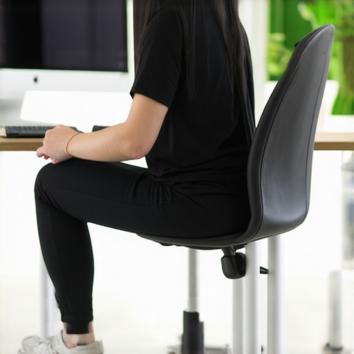 Person rolling out back muscles with foam roller while sitting in ergonomic chair at desk