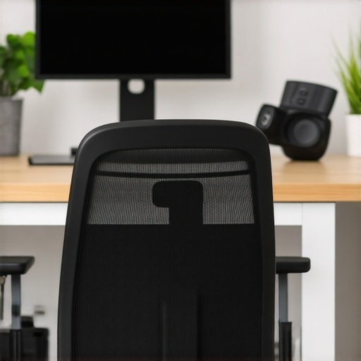 A workspace featuring ergonomic chair and adjustable standing desk promoting good posture.