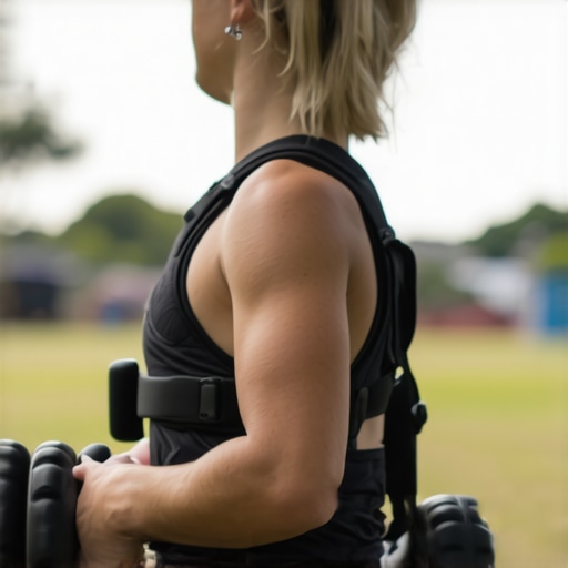 Person rolling out back muscles with foam roller while wearing posture sensor device