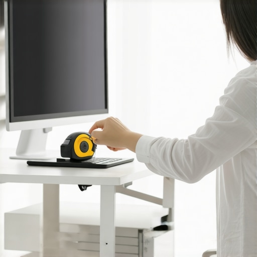 Adjusting Standing Desk for Optimal Posture Person measuring and adjusting standing desk height to align with ergonomic principles.