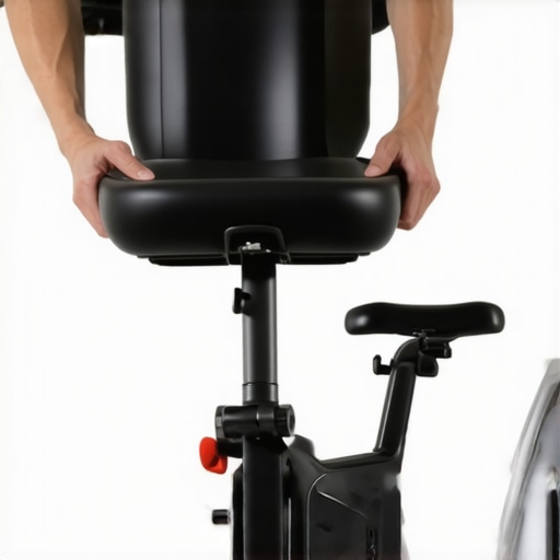 Person adjusting Peloton seat to ideal height and position for back support.