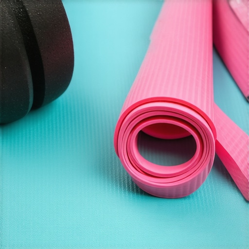 Foam roller and resistance band on workout mat