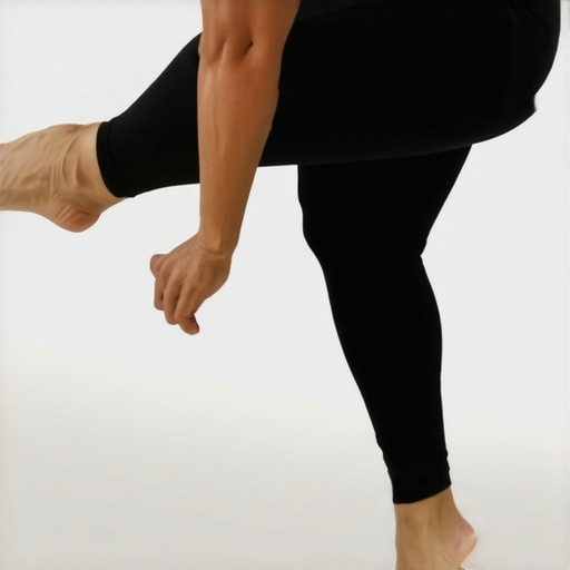Wall-assisted ankle stretch for mobility Individual stretching ankle by leaning forward with hands on wall, heel flat on the ground.