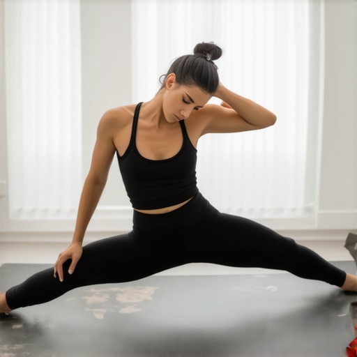 Person doing hip mobility stretches in a well-lit home gym.
