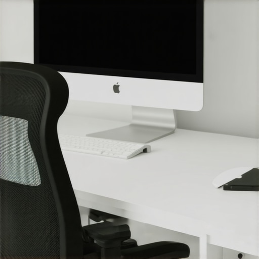 A person sitting at an ergonomic desk with monitor at eye level and adjustable chair adjustment.
