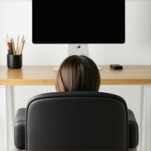 Person adjusting ergonomic chair in a well-organized desk setup for better posture.