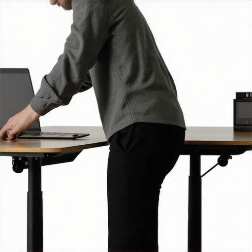 Person adjusting standing desk height to improve posture and reduce sciatic pain in a home office environment.