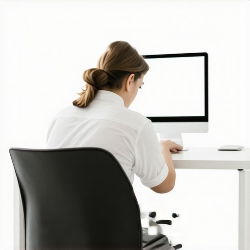 Person adjusting monitor and chair for optimal posture at workspace.