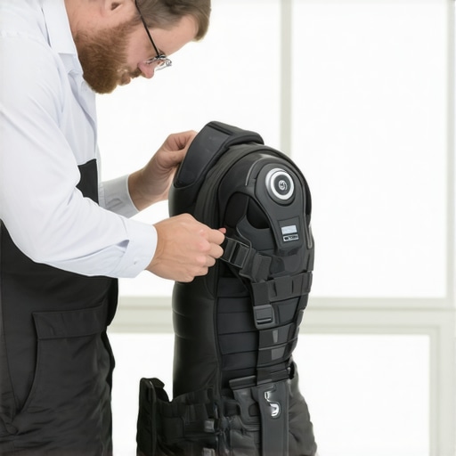 Technician fine-tuning a futuristic exoskeleton suit on a patient at a rehabilitation center.