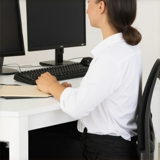 Individual stretching and mobilizing back and hips while seated at an ergonomic workspace