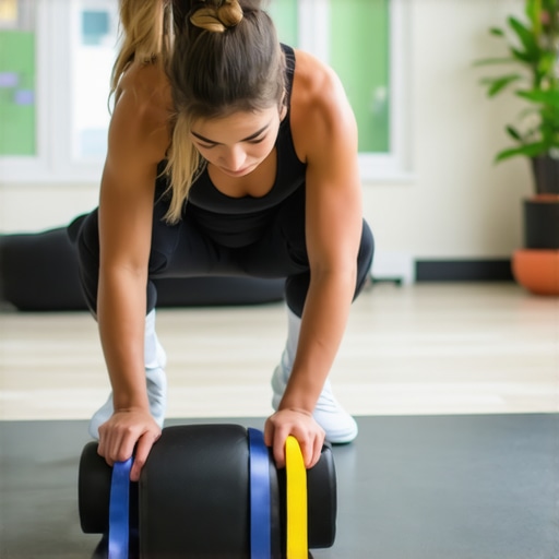 Mobility Tools for Back Health A person foam rolling and stretching with resistance bands in a gym setting