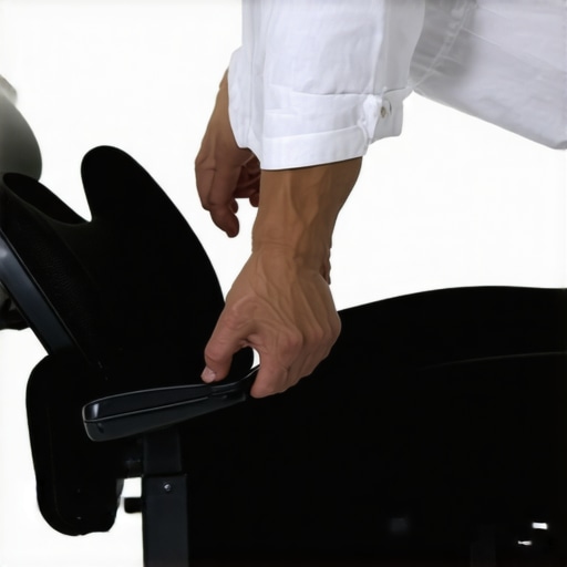 Person adjusting ergonomic office chair to improve lumbar support and posture.