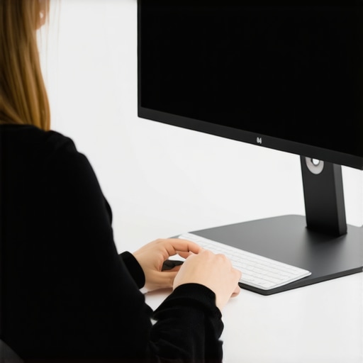Person setting monitor to eye level using a stand on a tidy desk.