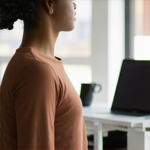Person demonstrating diaphragmatic breathing technique to alleviate rib cage tension