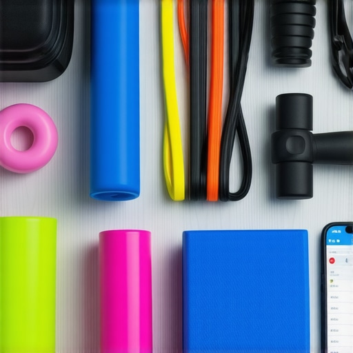 A home gym setup with mobility tools like resistance bands, foam rollers, and posture aids.