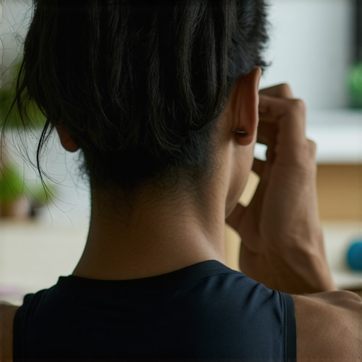 Person rolling their upper back with a foam roller in a home workout setting