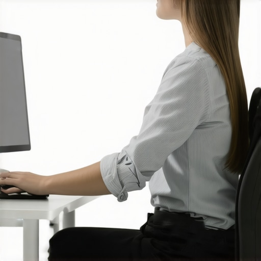 Person setting up a desk with monitor at eye level and proper keyboard placement