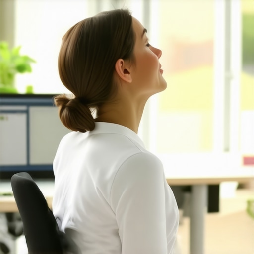 Person gently stretching neck to improve posture at desk.