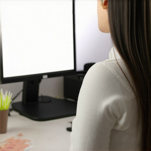 Person with monitor at eye level, demonstrating correct ergonomic posture