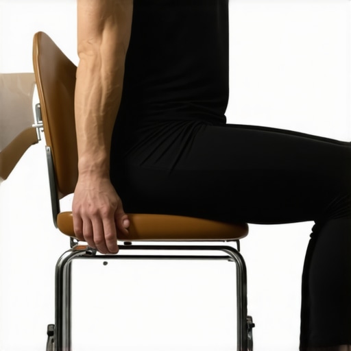 Person demonstrating seated hip stretch on a chair to improve hip flexibility.