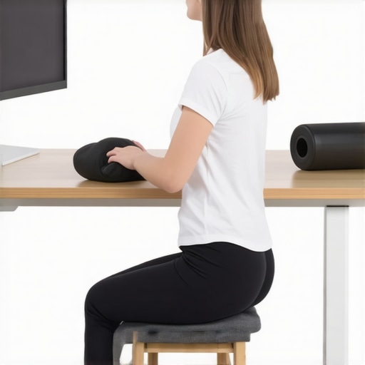 Back Support and Mobility Tools Person working at desk with lumbar support pillow and foam roller for back health