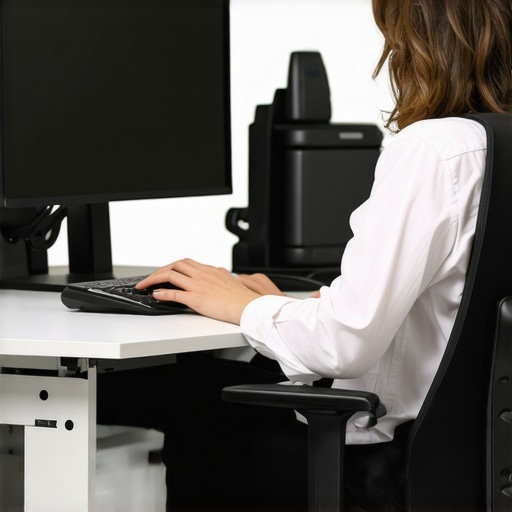 Person sitting at a desk with monitor at eye level and ergonomic chair, promoting proper posture.