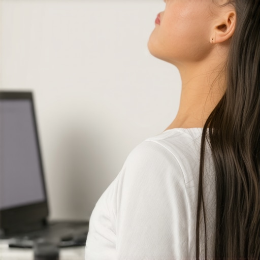 Person stretching neck muscles at workspace