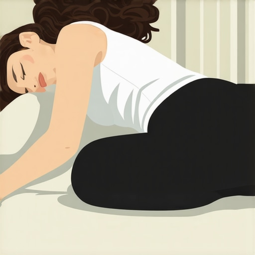 Diagram of a person sleeping on their side with pillows supporting knees and lower back, demonstrating proper spinal alignment.