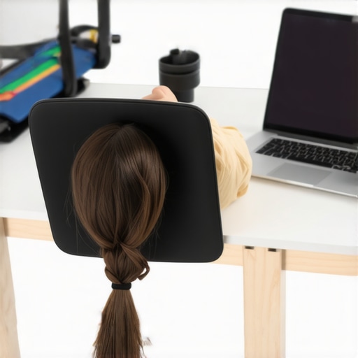 Posture Sensor and Mobility Tools in Use Individual wearing a posture correction device at their workstation with resistance bands for mobility exercises.