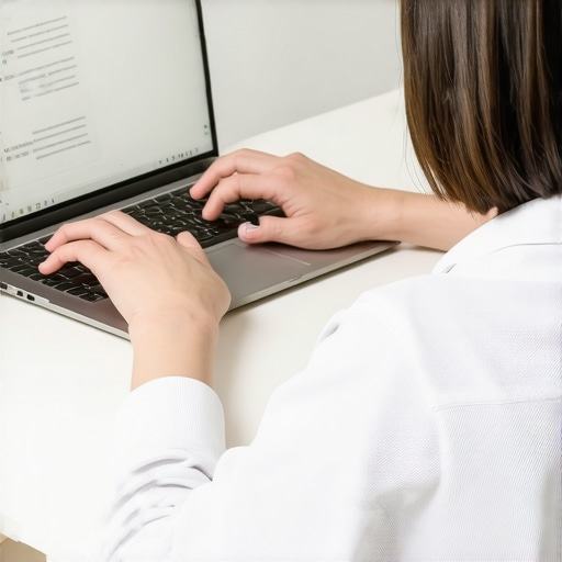A person setting up their desk to promote better posture with a laptop at eye level and supportive accessories