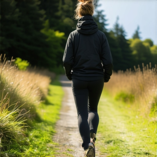 Individual demonstrating heel-to-toe walking with posture awareness in an outdoor setting.