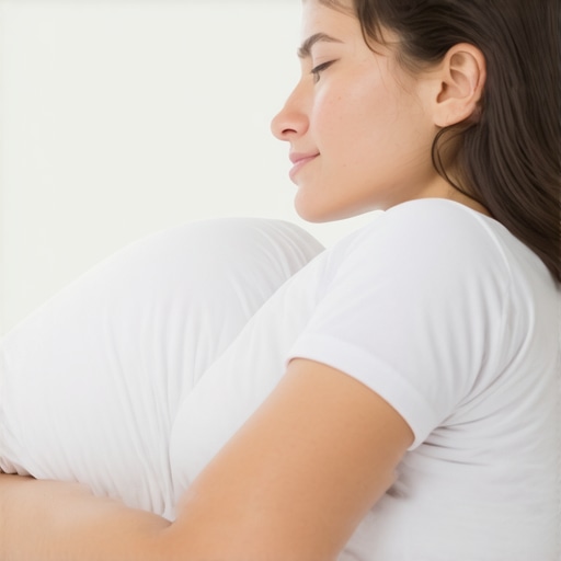 Person sleeping on side with pillow between knees, demonstrating ideal posture for back support