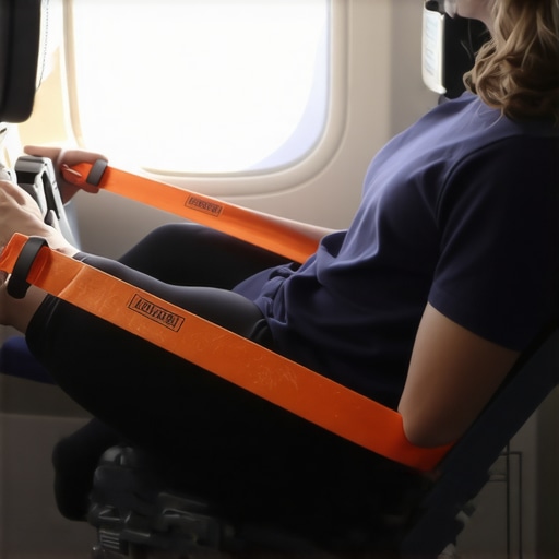 Person stretching hips using resistance band while seated on airplane