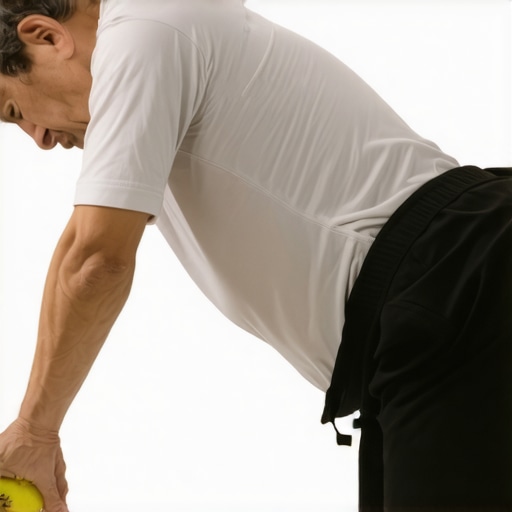 Self-Myofascial Release with Tennis Ball Individual kneeling and rolling a tennis ball on their lower back for pain relief.