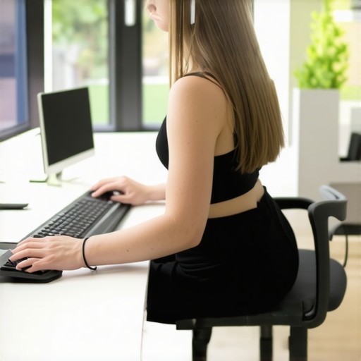 Person at a desk wearing a posture corrector device with ergonomic tools nearby.