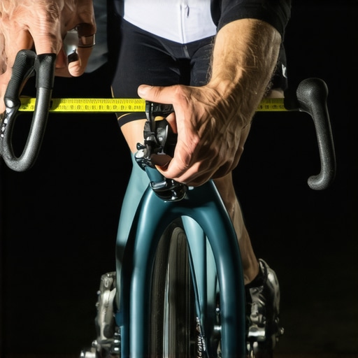 Close-up of a person measuring and adjusting the height of a bicycle saddle in a workshop setting.