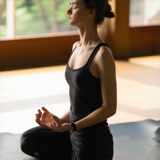 Individual practicing deep abdominal breathing to release diaphragms and reduce back tension.