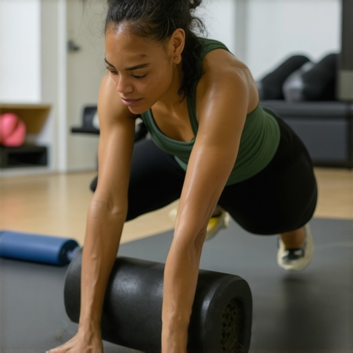Person performing mobility exercises with foam roller and balance pad.