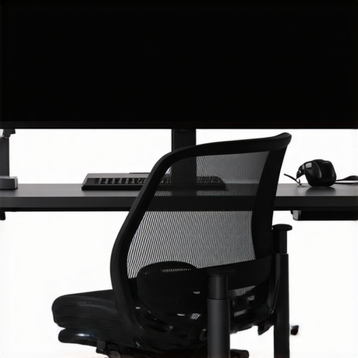 A well-organized workspace showing adjustable chair, monitor, and lumbar support for healthy sitting posture.