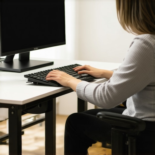 Person raising monitor to eye level using a stand, promoting better posture.