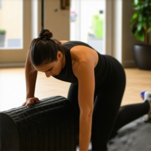 Foam Rolling for Back Health Person applying self-myofascial release with a foam roller on their lower back in a well-lit space.