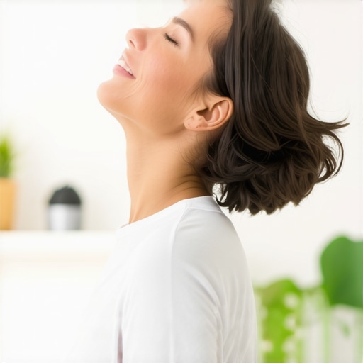 Person stretching jaw and neck muscles in an ergonomic workspace