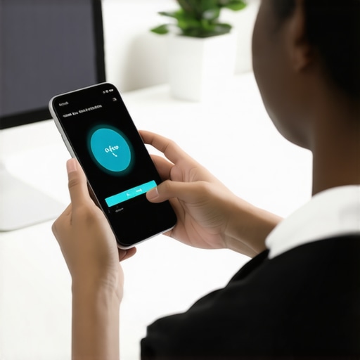 Person checking posture reminder app on phone at ergonomic workspace.