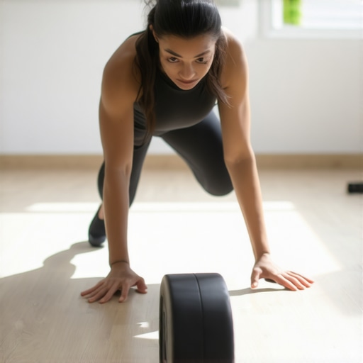 Person performing foam rolling and resistance band stretching for posture and back pain relief.