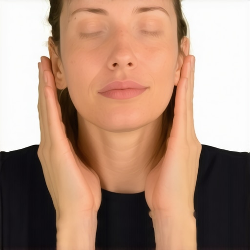 Person stretching neck muscles with hands at the sides of the head.