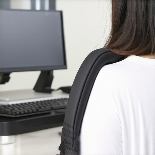 Individual sitting upright at a desk with posture tools to support spinal health