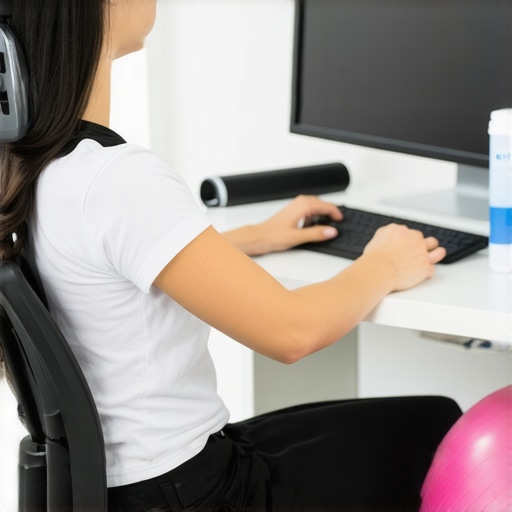 Posture and Mobility Tools for Back Health Person maintaining proper posture with a smart sensor device, foam roller, and exercise ball in a home office setting.