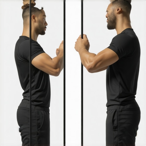 Individual observing their side profile in a mirror to assess spinal and shoulder posture during mobility practice.
